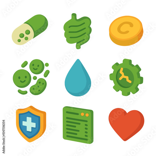 Pickle Health Benefits Icons. Isometric Flat icon set of pickle health benefits: probiotic capsule, gut icon, vitamin C pill,