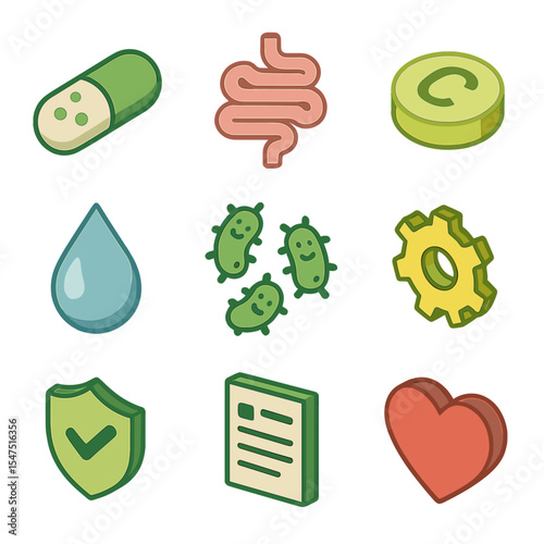 Pickle Health Benefits Icons. Isometric Flat icon set of pickle health benefits: probiotic capsule, gut icon, vitamin C pill,