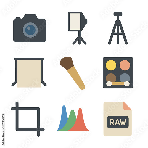 Photography Tools Icons. Flat icon set of professional photo portrait: camera, lighting softbox, tripod, backdrop, retouch brush,