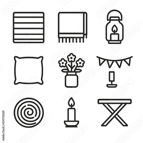 Picnic Icon Set. Outline icon set of picnic blanket and décor: striped rug, tassel edge blanket, throw pillow, lantern jar, floral
