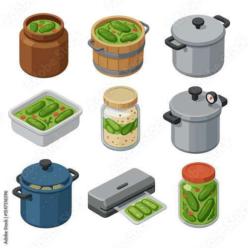 Pickling Methods Icons. Isometric Flat icon set of pickling methods: fermentation crock, brine bucket, boiling brine pot,