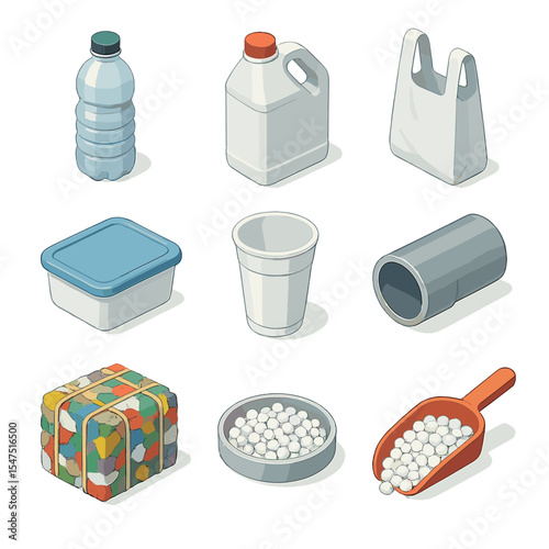 Plastic Recycling Icons. Isometric Flat icon set of plastic recycling types: PET bottle, HDPE jug, LDPE bag, PP container, PS cup,