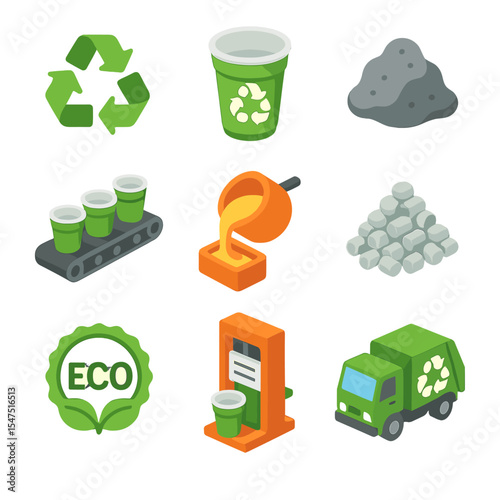 Plastic Recycling Icons. Isometric Flat icon set of plastic cup recycling and waste: recycling symbol, recycling bin, landfill