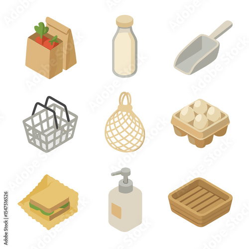 Plastic-Free Shopping Icons. Isometric Flat icon set of plastic-free grocery shopping: paper produce bags, glass milk bottle, bulk