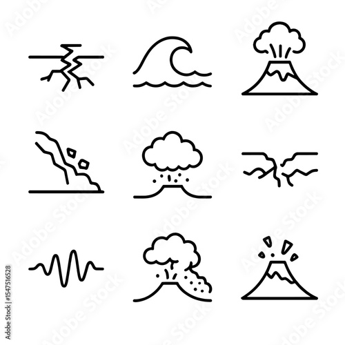 Plate Tectonics Hazards Icons. Outline icon set of plate interaction hazards: megathrust quake, tsunamigenic crest, volcanic