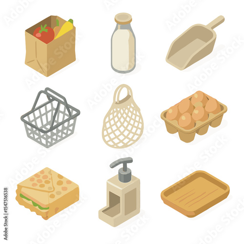 Plastic-Free Shopping Icons. Isometric Flat icon set of plastic-free grocery shopping: paper produce bags, glass milk bottle, bulk