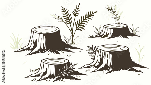 set of tree stumps illustration in forest nature deforestation logging cut trees wood environmental concept drawing