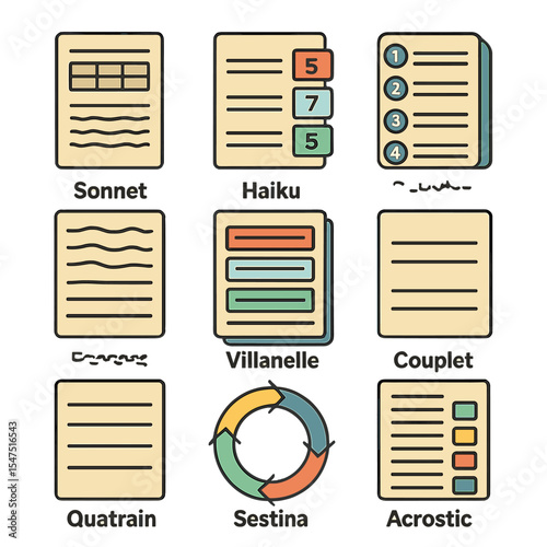 Poetry Forms Icon Grid. Isometric Flat icon set of Poetry Forms and Structures: sonnet template sheet, haiku formatted syllables,