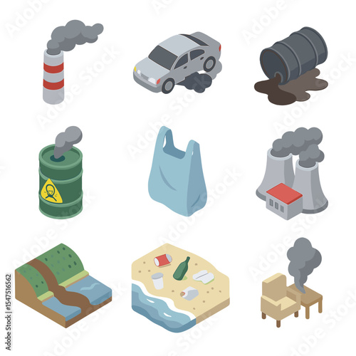 Pollution Icon Set. Isometric Flat icon set of pollution sources: factory smokestack, car exhaust pipe, oil spill barrel, chemical