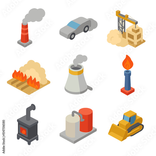 Pollution Source Icons. Isometric Flat icon set of pollution sources: factory smokestack with smoke, car exhaust tailpipe,