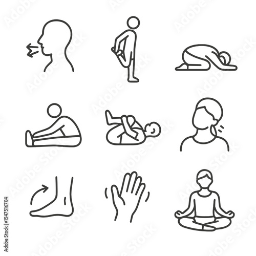 Post-Workout Stretch Icons. Outline icon set of post-workout cooldown stretches: deep breath icon, gentle quad stretch, child’s