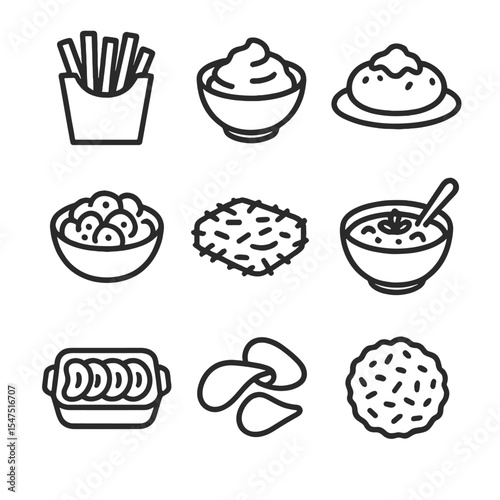 Potato Dishes Icons. Outline icon set of potato dishes: French fries, mashed potato, baked potato, potato salad, hash browns,