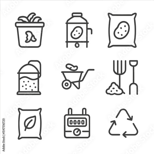 Potato Waste Recycling Icons. Outline icon set of potato waste recycling: peel compost bin, biofuel reactor, livestock feed bag,
