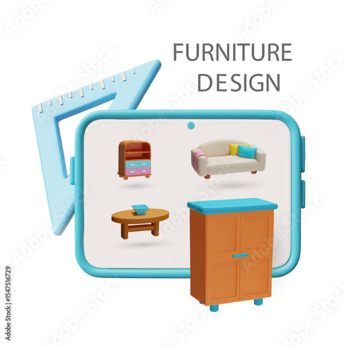 Furniture interior design application service 3D vector illustration, wardrobe, table, sofa, ruler with tablet screen