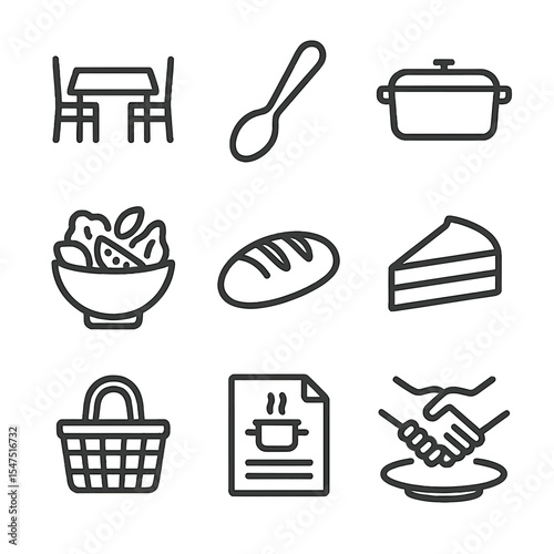 Potluck Icon Set. Outline icon set of food sharing and potluck: communal table, serving spoon, casserole dish, salad bowl, bread