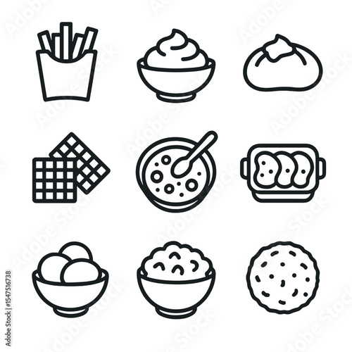 Potato Dishes Icons. Outline icon set of potato dishes: French fries, mashed potato, baked potato, potato salad, hash browns,