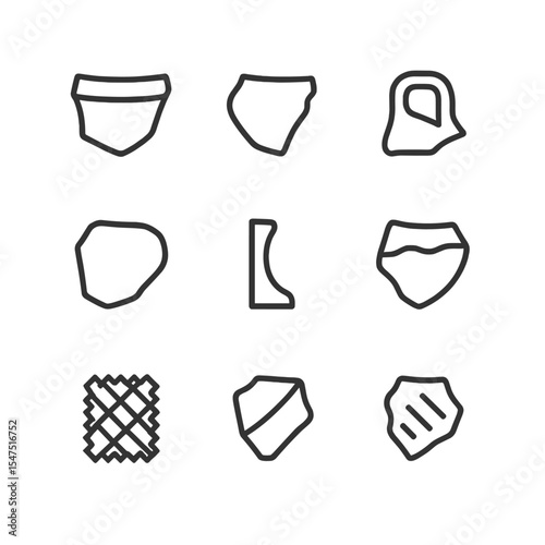 Pottery Fragment Icons. Outline icon set of pottery fragment classification: rim sherd, base sherd, handle fragment, body sherd,