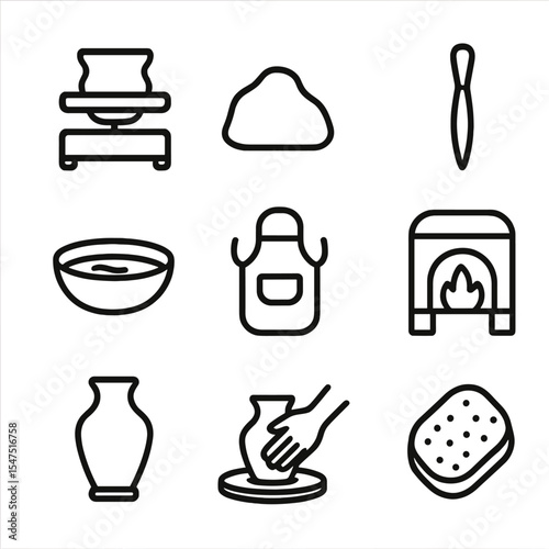 Pottery Icon Set. Outline icon set of pottery wheel practice: pottery wheel, clay lump, sculpting tool, water bowl, apron, kiln,