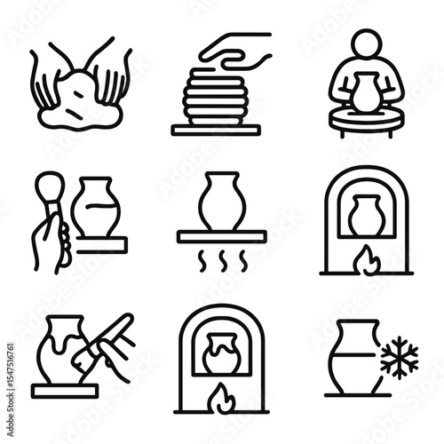 Pottery Process Icons. Outline icon set of pottery manufacturing stages: clay preparation, handbuilding coil, wheel throwing,