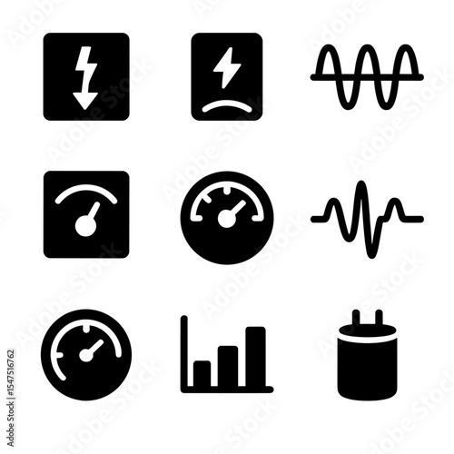 Power Monitoring Icons. Solid, Filled icon set of power quality monitoring: voltage sag icon, swell indicator, harmonic distortion