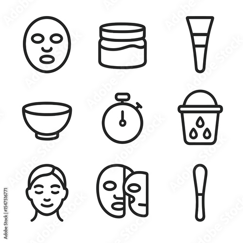 Pre-Makeup Mask Icons. Outline icon set of pre-makeup face mask: sheet mask, clay mask pot, brush applicator, mixing bowl, timer,
