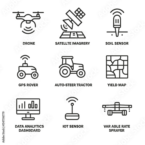 Precision Agriculture Icons. Outline icon set of precision agriculture tools: drone, satellite imagery, soil sensor, GPS rover,