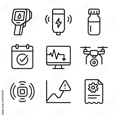 Predictive Maintenance Icons. Outline icon set of predictive maintenance tools: thermal camera, vibration sensor, oil analysis