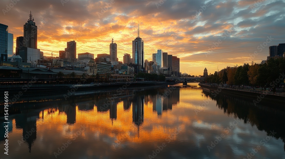 Naklejka premium City skyline reflected in water at sunset with colorful sky and trees.
