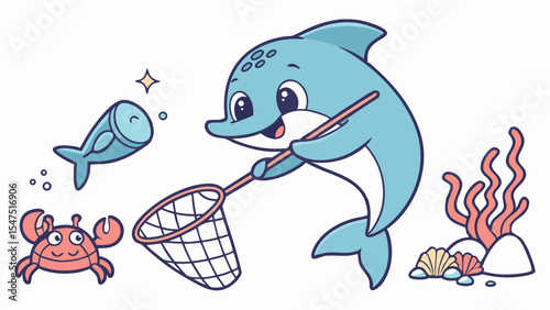 Cute cartoon dolphin catching fish and crab with net underwater sea marine animals vector.