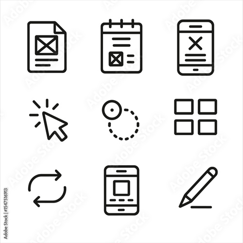 Prototyping Tools Icons. Outline icon set of prototyping tools: paper wireframe, low-fidelity sketch, digital mockup screen,