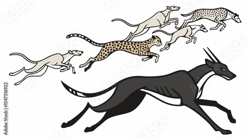 Dynamic Fast Black Antelope Cheetah Dogs Running Race Speed Pursuit Wildlife Animals Action Motion Energy