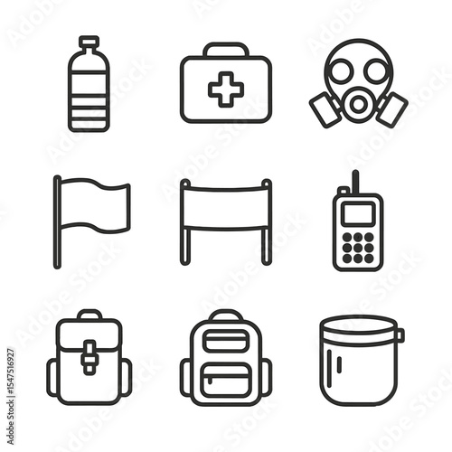 Protest Gear Icons. Outline icon set of protest paraphernalia: water bottle, first aid kit, gas mask, goggles, protest flag,