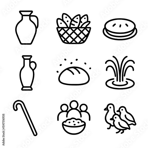 Provision Miracles Icon Set. Outline icon set of Provision and sustenance miracles: widow’s oil jar, loaves and fishes basket,