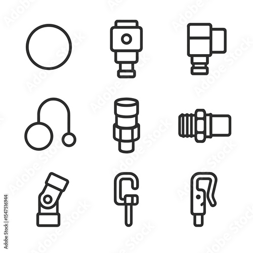 Quick Connect Icons. Outline icon set of quick disconnect couplings: identity ring, push-button coupler, flat-face coupling, dust