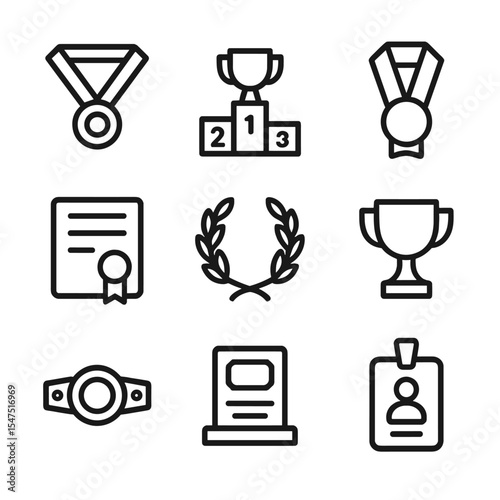Race Awards Icons. Outline icon set of race awards: finisher medal, podium trophy, ribbon, certificate, winner’s laurel, trophy