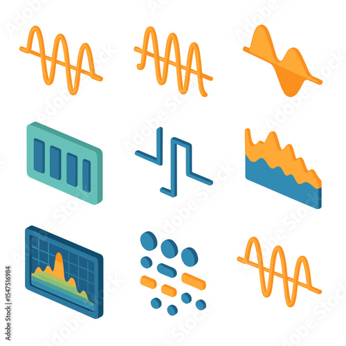 Radio Signal Icons. Isometric Flat icon set of radio signal types: AM waveform, FM waveform, SSB waveform, digital mode icon,