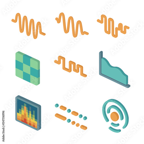 Radio Signal Icons. Isometric Flat icon set of radio signal types: AM waveform, FM waveform, SSB waveform, digital mode icon,