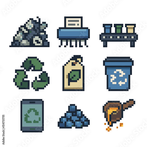 Recycling Icon Set. Pixel art icon set of recycling and reuse: scrap pile, shredder, sorting conveyor, melting pot, closed-loop