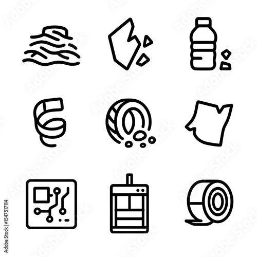 Recycling Icon Set. Outline icon set of raw material recycled: shredded paper pile, crushed glass shard, plastic bottle flake,