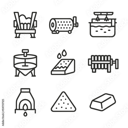 Refinery Icon Set. Outline icon set of refinery and processing: jaw crusher, ball mill, flotation cell, thickener tank, leach pad,