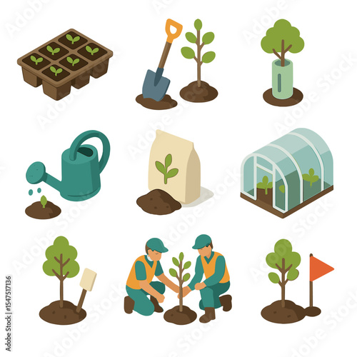 Reforestation Efforts Icons. Isometric Flat icon set of reforestation efforts: seedling tray, tree planting shovel, protective