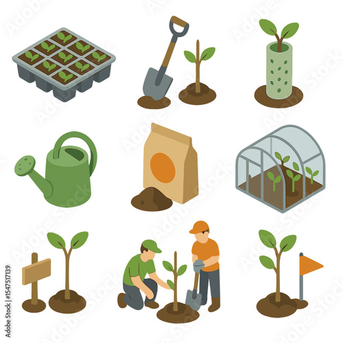 Reforestation Efforts Icons. Isometric Flat icon set of reforestation efforts: seedling tray, tree planting shovel, protective