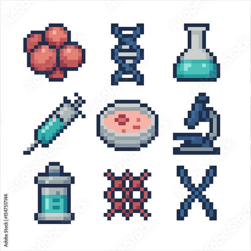 Regenerative Medicine Icons. Pixel art icon set of regenerative medicine: stem cell cluster, DNA helix, lab flask, syringe, petri