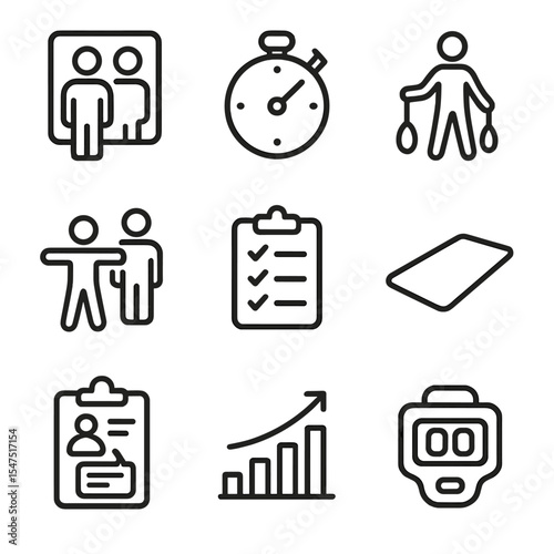Rehearsal Icon Set. Outline icon set of rehearsal and practice drills: mirror reflection, timing stopwatch, practice poi (unlit),