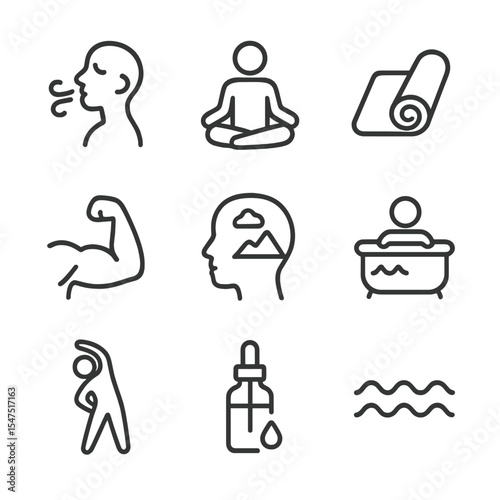 Relaxation Techniques Icons. Outline icon set of relaxation techniques: deep breath icon, meditation posture, yoga mat,