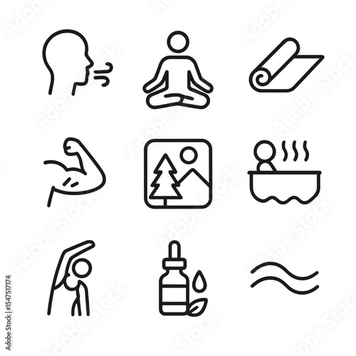 Relaxation Techniques Icons. Outline icon set of relaxation techniques: deep breath icon, meditation posture, yoga mat,