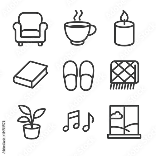 Relaxation Icon Set. Outline icon set of relaxation and wellness breaks: armchair, tea cup, aromatherapy candle, paperback book,