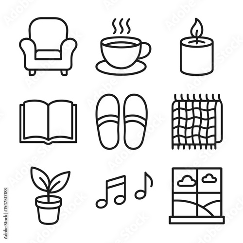 Relaxation Icon Set. Outline icon set of relaxation and wellness breaks: armchair, tea cup, aromatherapy candle, paperback book,