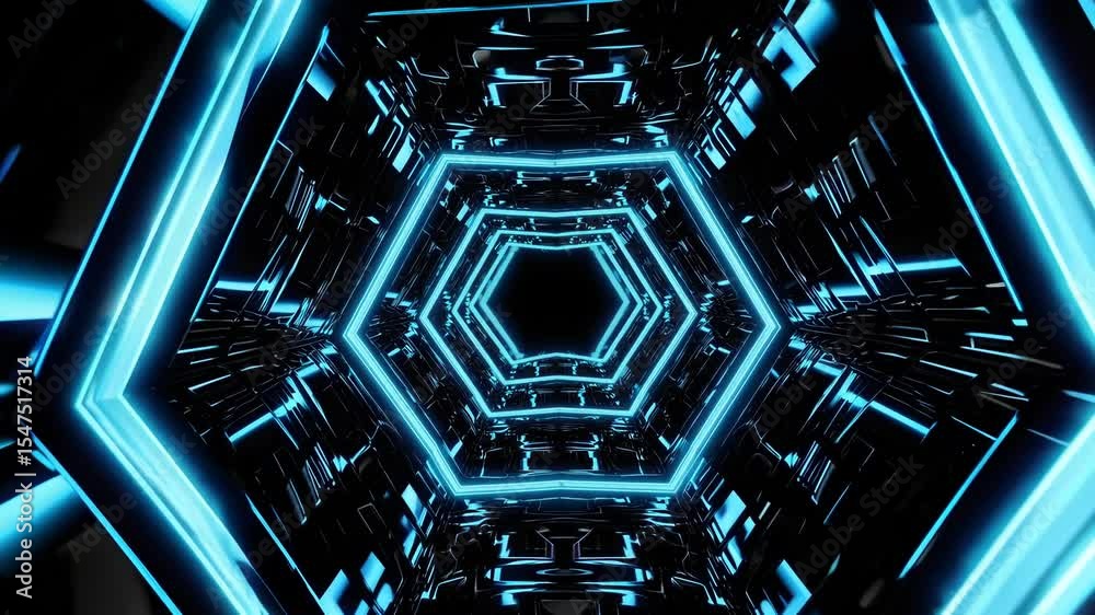 Explore a futuristic tunnel illuminated by vibrant blue lights and sleek geometric designs in a mesmerizing digital environment