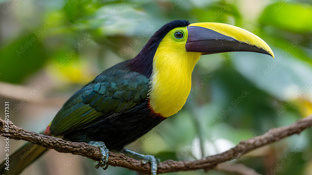 Obraz premium Close-up of colorful toucan perched on lush rainforest branch with vibrant green foliage and detailed feather textures under natural sunlight. Tropical wildlife and exotic bird concept.